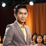**

A confident Thai presenter dressed in smart casual attire, making eye contact with an audience. The background shows a warm, inviting stage setting with soft lighting. Focus on conveying trustworthiness and engaging communication through body language and facial expression.

**