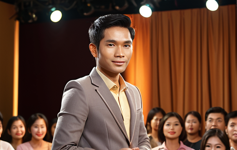 **

A confident Thai presenter dressed in smart casual attire, making eye contact with an audience. The background shows a warm, inviting stage setting with soft lighting. Focus on conveying trustworthiness and engaging communication through body language and facial expression.

**