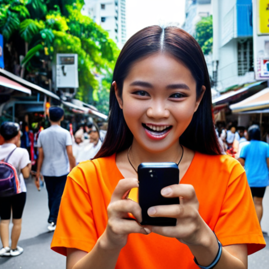 **A young Thai content creator enthusiastically filming a short video on a bustling Bangkok street, using a smartphone and a small microphone. Capture the energy and vibrancy of Thai street life in the background. Focus on the creator's passionate expression.** (Emphasis on the energy of content creation and the local Thai setting.)