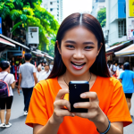 **A young Thai content creator enthusiastically filming a short video on a bustling Bangkok street, using a smartphone and a small microphone. Capture the energy and vibrancy of Thai street life in the background. Focus on the creator's passionate expression.** (Emphasis on the energy of content creation and the local Thai setting.)