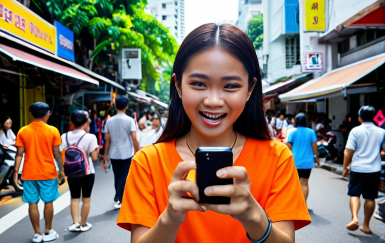 **A young Thai content creator enthusiastically filming a short video on a bustling Bangkok street, using a smartphone and a small microphone. Capture the energy and vibrancy of Thai street life in the background. Focus on the creator's passionate expression.** (Emphasis on the energy of content creation and the local Thai setting.)
