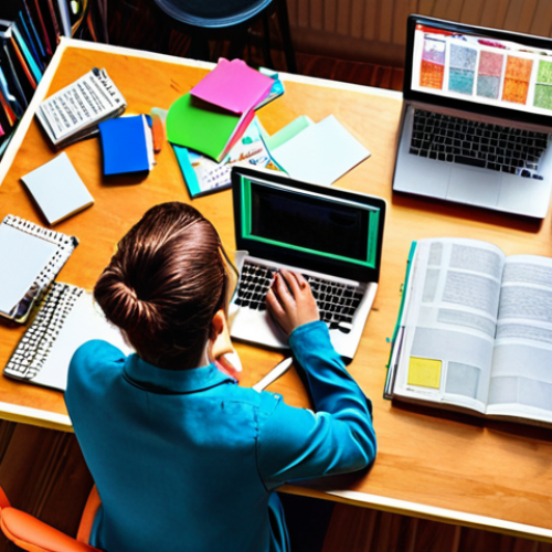 Home 23 **A content writer working on a laptop, surrounded by notepads and books, brainstorming ideas for a new blog post. The scene is vibrant and colorful, reflecting the creativity involved in content creation.**