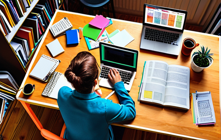 **A content writer working on a laptop, surrounded by notepads and books, brainstorming ideas for a new blog post. The scene is vibrant and colorful, reflecting the creativity involved in content creation.**