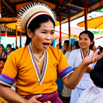 **Image Prompt 1:** A vibrant Thai marketplace scene. A charismatic storyteller, dressed in traditional attire, captivates a crowd with expressive gestures. Focus on capturing the audience's engaged faces and the colorful details of the market (food stalls, fabrics, flowers). Emphasize warm lighting and a sense of cultural richness. *Keywords: Thai marketplace, storyteller, audience, traditional clothing, vivid colors, cultural storytelling*