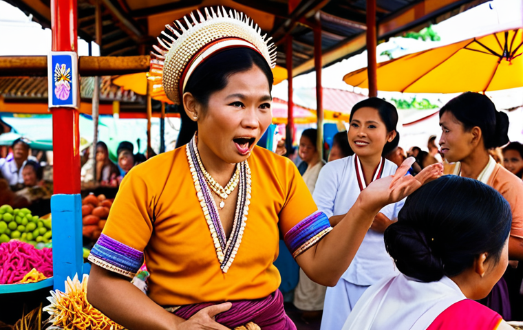 **Image Prompt 1:** A vibrant Thai marketplace scene. A charismatic storyteller, dressed in traditional attire, captivates a crowd with expressive gestures. Focus on capturing the audience's engaged faces and the colorful details of the market (food stalls, fabrics, flowers). Emphasize warm lighting and a sense of cultural richness. *Keywords: Thai marketplace, storyteller, audience, traditional clothing, vivid colors, cultural storytelling*