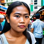 ** A person discreetly observing a bustling Bangkok street scene, focusing on capturing candid emotions and details of the people around them. Capture the vibrant colours of the market stalls and the diverse expressions on people's faces.

**