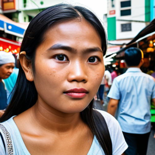 Home 9 ** A person discreetly observing a bustling Bangkok street scene, focusing on capturing candid emotions and details of the people around them. Capture the vibrant colours of the market stalls and the diverse expressions on people's faces.
**