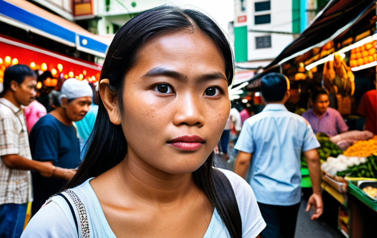 ** A person discreetly observing a bustling Bangkok street scene, focusing on capturing candid emotions and details of the people around them. Capture the vibrant colours of the market stalls and the diverse expressions on people's faces.

**