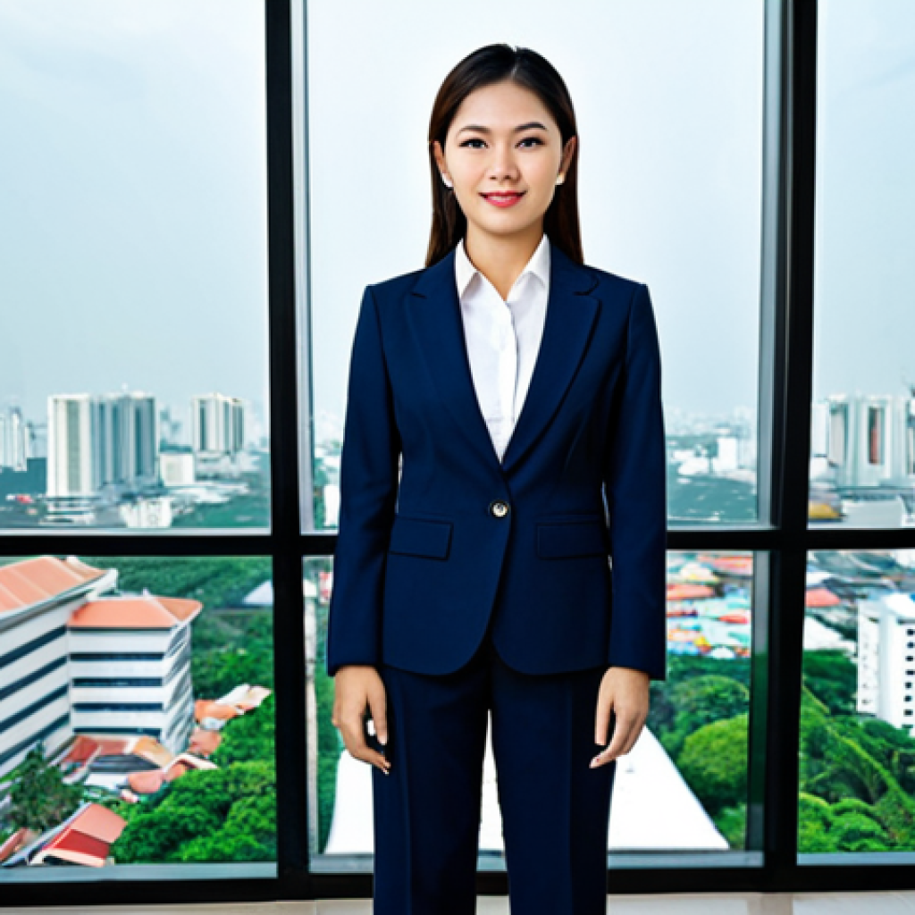 Modern Thai Businesswoman**

"A professional Thai businesswoman in a modern, modest business suit, standing in a bright, contemporary office overlooking Bangkok. Fully clothed, appropriate attire, safe for work, perfect anatomy, natural proportions, professional photography, high quality, family-friendly."

**