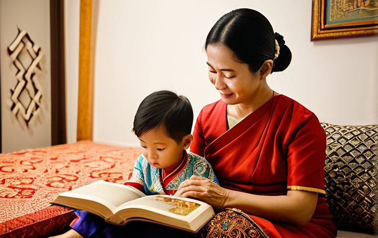 Traditional Storytelling Revival**

"A cozy scene in a modern Thai home, a grandmother (Yaai) fully clothed in a traditional Thai dress (Suea Phraratchathan for example), is reading a Thai folktale book to her grandchild. Soft, warm lighting. The room is decorated with Thai handicrafts. Focus on the connection and warmth. safe for work, appropriate content, fully clothed, family-friendly, professional photography, natural proportions, perfect anatomy."

**