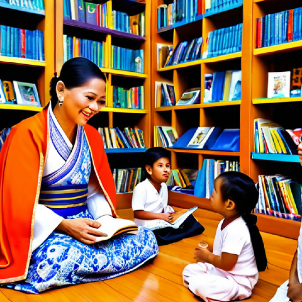**

"A professional Thai storyteller, fully clothed in traditional Thai dress (e.g., a modest *chut thai*), telling a story to a group of children in a community library, surrounded by colorful books and traditional Thai decorations, safe for work, appropriate content, family-friendly, perfect anatomy, natural proportions, professional illustration, high quality."

**