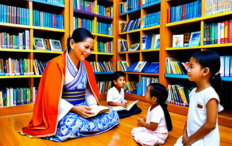 **

"A professional Thai storyteller, fully clothed in traditional Thai dress (e.g., a modest *chut thai*), telling a story to a group of children in a community library, surrounded by colorful books and traditional Thai decorations, safe for work, appropriate content, family-friendly, perfect anatomy, natural proportions, professional illustration, high quality."

**