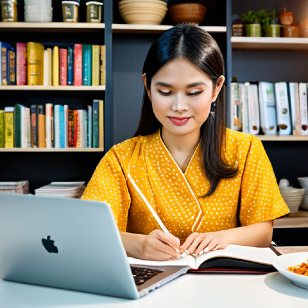 **Prompt:** A Thai blogger in a modest and colorful outfit, sitting at a desk with a laptop, writing a blog post about Thai food, surrounded by Thai cookbooks and ingredients, warm lighting, professional photograph, safe for work, appropriate content, fully clothed, perfect anatomy, natural proportions, family-friendly.