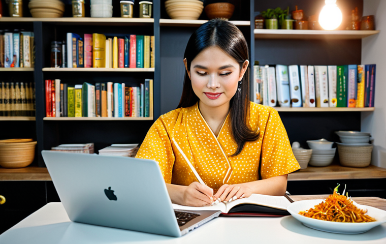 **Prompt:** A Thai blogger in a modest and colorful outfit, sitting at a desk with a laptop, writing a blog post about Thai food, surrounded by Thai cookbooks and ingredients, warm lighting, professional photograph, safe for work, appropriate content, fully clothed, perfect anatomy, natural proportions, family-friendly.