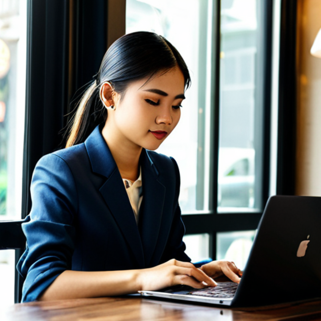 Modern Thai Entrepreneur**

A young Thai woman in a stylish, modest business outfit, working on a laptop at a trendy cafe in Bangkok. Sunlight streams through the window, illuminating her focused expression. The cafe is bustling with activity.  Fully clothed, appropriate attire, safe for work, perfect anatomy, natural proportions, professional photography, high quality.

**