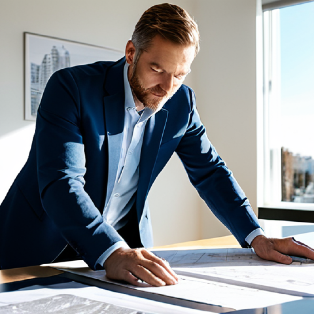 스토리텔러가 다루는 스토리의 기본 구성 - "A professional architect in a modern, sunlit office, reviewing blueprints. Fully clothed, appropria...
