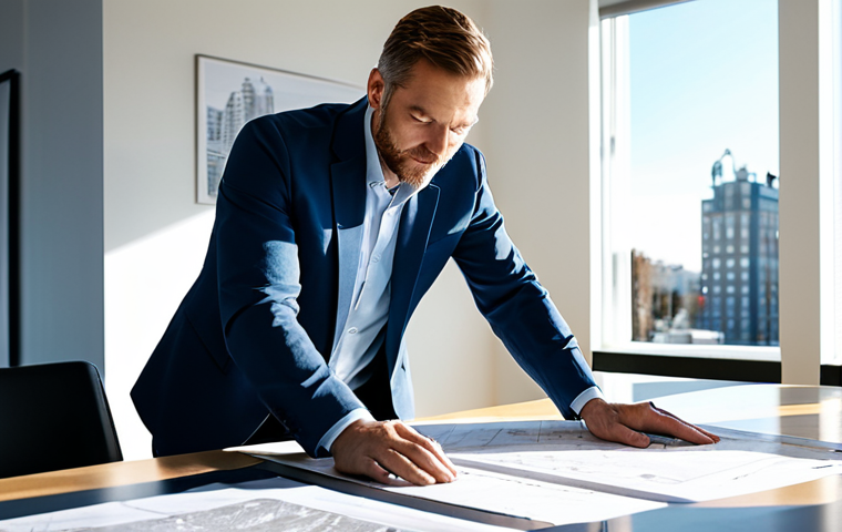 스토리텔러가 다루는 스토리의 기본 구성 - "A professional architect in a modern, sunlit office, reviewing blueprints. Fully clothed, appropria...