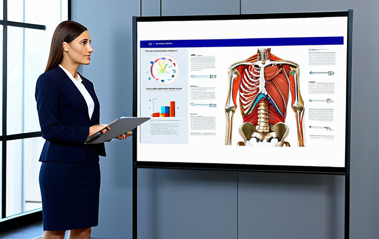 스토리텔러가 다루는 스토리의 기본 구성 - "A female doctor in a clean, bright clinic, examining a patient's x-ray. Fully clothed, modest cloth...