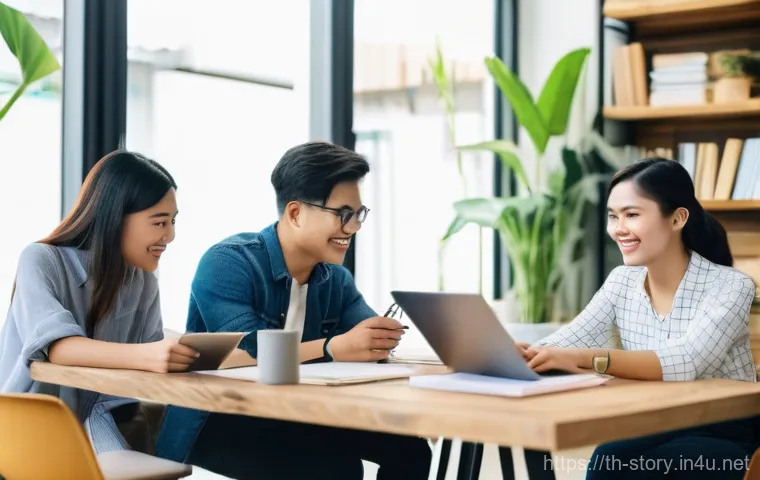 스토리텔러 인맥 구축 전략 - **Prompt 1: Collaborative Brainstorming Session**
    "A group of four diverse young Thai content cr...