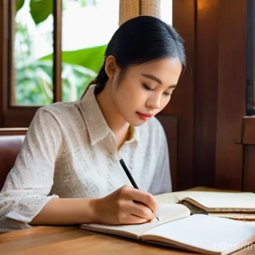 스토리텔러 실기 시험 합격 후기 - A thoughtful young Thai woman sits in a warmly lit, bustling cafe in Bangkok, observing the patrons ...