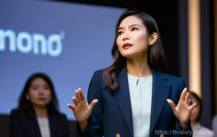 스토리텔러 실기 시험 합격 후기 - A thoughtful young Thai woman sits in a warmly lit, bustling cafe in Bangkok, observing the patrons ...