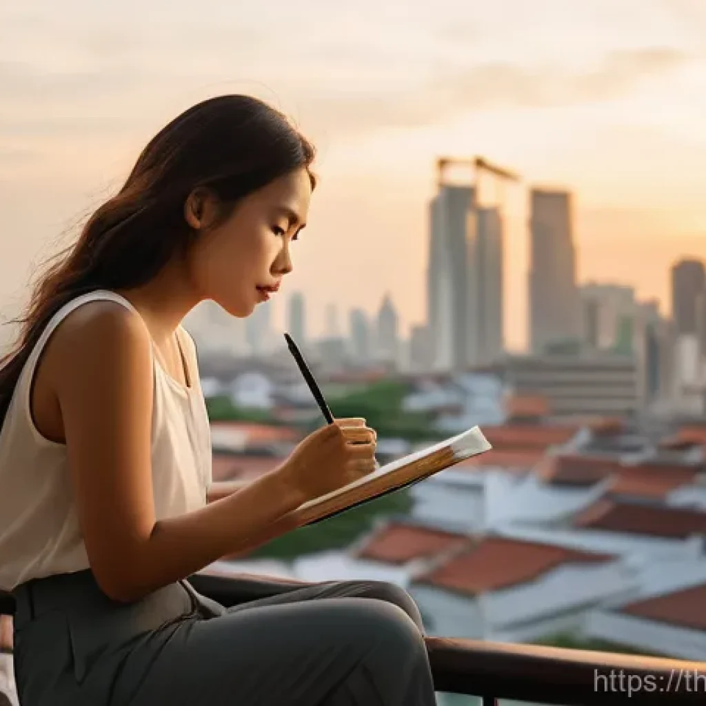 스토리텔러의 성공적인 이직 경험담 - A contemplative Thai woman, appearing to be in her late 20s or early 30s, is comfortably seated on a...