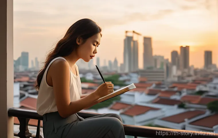 스토리텔러의 성공적인 이직 경험담 - A contemplative Thai woman, appearing to be in her late 20s or early 30s, is comfortably seated on a...