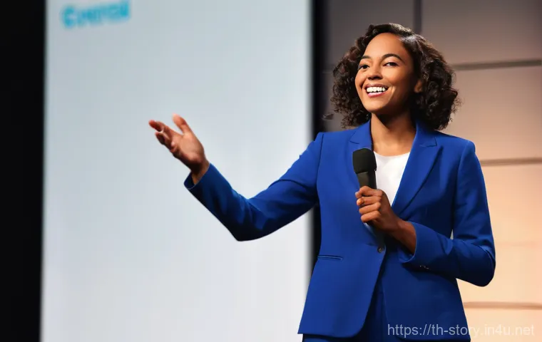 스토리텔러 자격증 실기 시험 체크리스트 - **Prompt 1: The Confident Storyteller on Stage**
    A confident and dynamic female storyteller, in ...