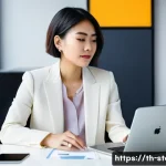 스토리텔러로서의 취업 전략 - **Prompt:** A modern Thai woman in her late 20s, with short, stylish hair, sits at a sleek, minimali...