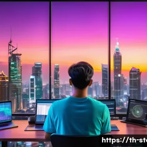 스토리텔러와 스토리텔링 기술의 미래 - A modern digital storyteller using AI technology to customize content for a young Thai audience, sit...