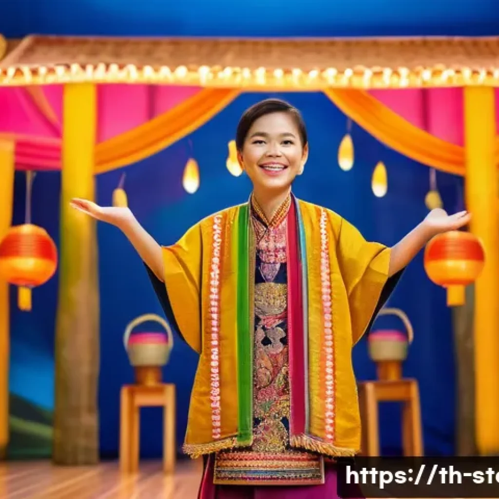 스토리텔러를 위한 스토리텔링 강의 추천 - A cheerful Thai storyteller in a vibrant traditional outfit, standing on a small stage in a cozy com...