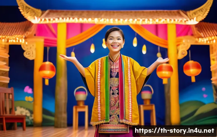 스토리텔러를 위한 스토리텔링 강의 추천 - A cheerful Thai storyteller in a vibrant traditional outfit, standing on a small stage in a cozy com...