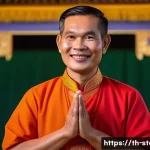 스토리텔러로서의 자부심 키우기 - A confident Thai storyteller in traditional casual attire standing on a small stage in a cozy commun...