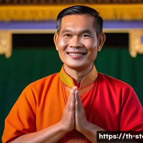 스토리텔러로서의 자부심 키우기 - A confident Thai storyteller in traditional casual attire standing on a small stage in a cozy commun...