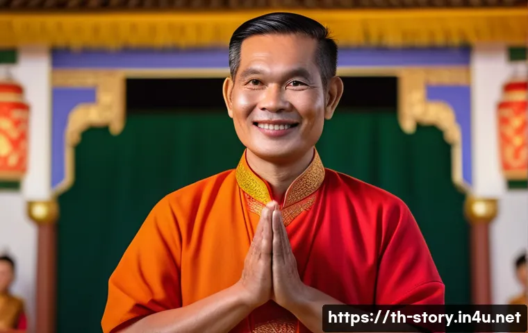 스토리텔러로서의 자부심 키우기 - A confident Thai storyteller in traditional casual attire standing on a small stage in a cozy commun...