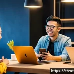 스토리텔러 직업과 관련된 키워드 분석 - A professional storyteller engaging a diverse Thai audience in a modern co-working space, with digit...