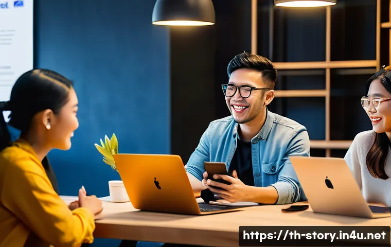 스토리텔러 직업과 관련된 키워드 분석 - A professional storyteller engaging a diverse Thai audience in a modern co-working space, with digit...