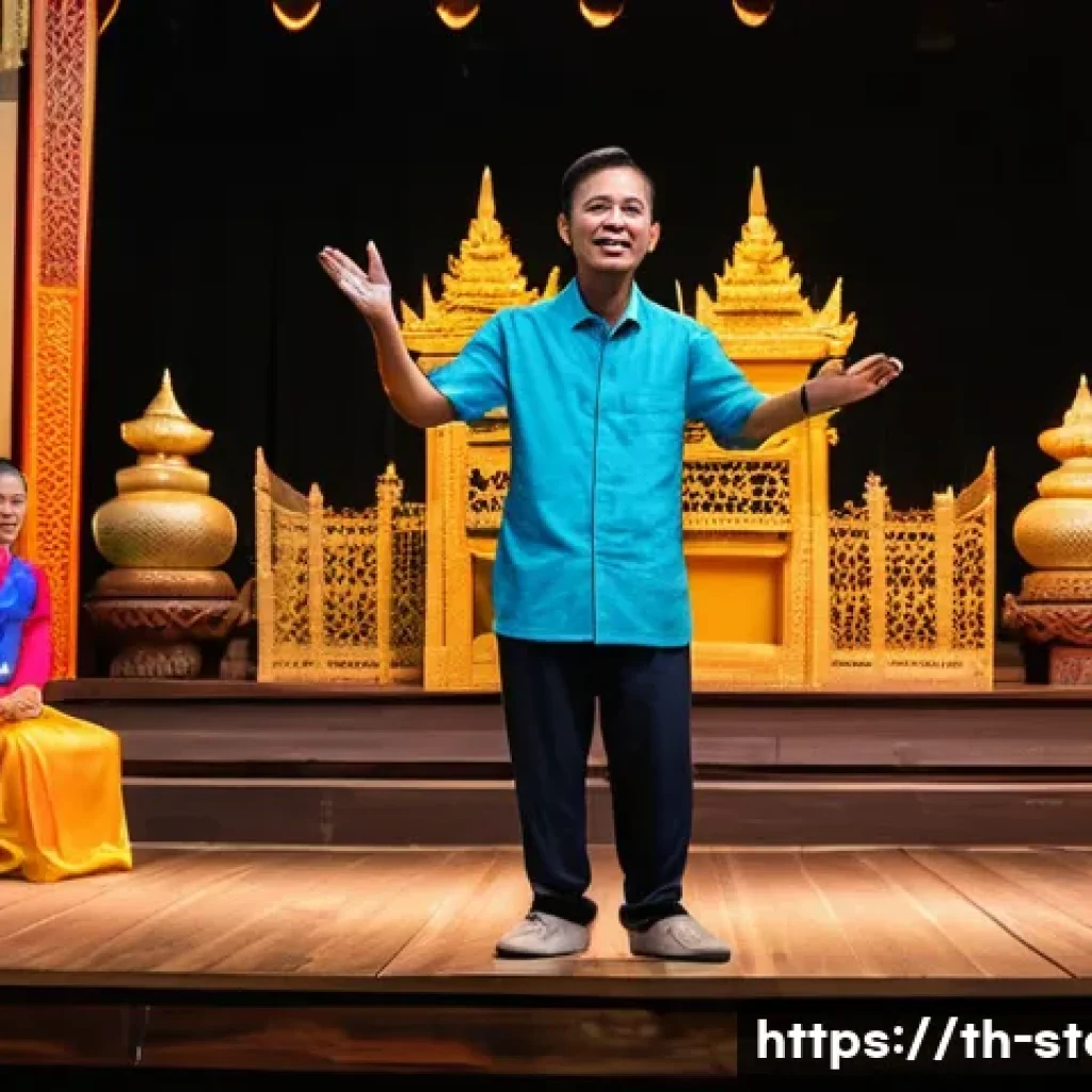 스토리텔러 관련 직업의 필요 역량 - A professional Thai storyteller standing confidently on a traditional wooden stage in a vibrant Bang...