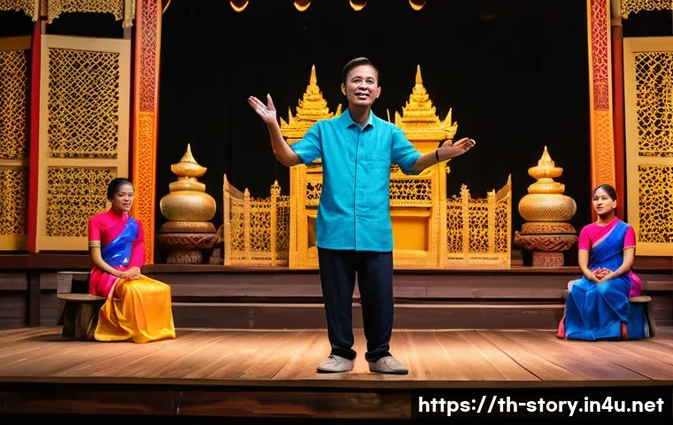 스토리텔러 관련 직업의 필요 역량 - A professional Thai storyteller standing confidently on a traditional wooden stage in a vibrant Bang...