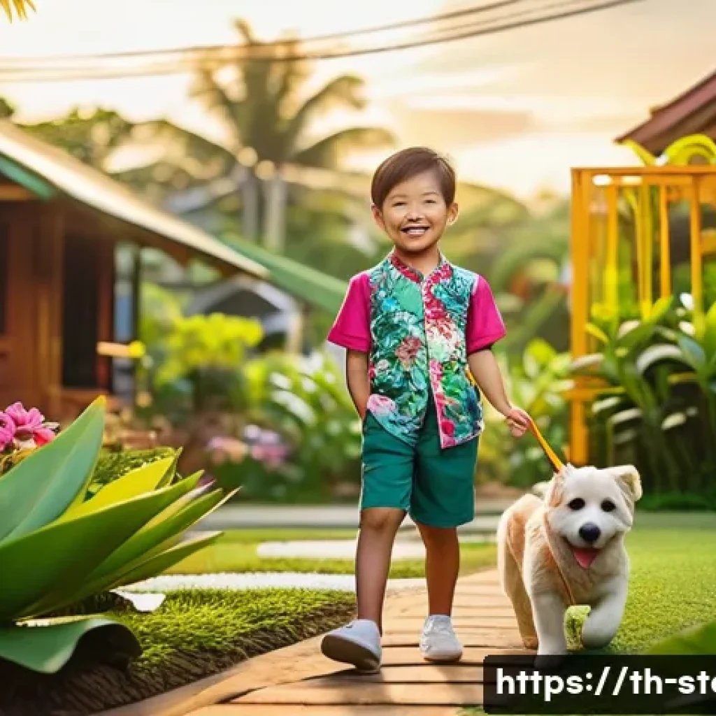 스토리텔러가 다루는 이야기의 다양성 - A warm and nostalgic scene of a Thai childhood memory in a lush backyard garden during golden hour, ...