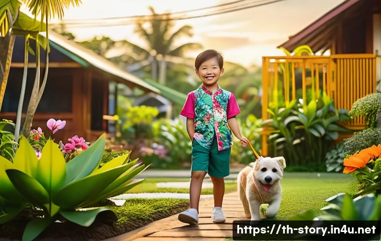스토리텔러가 다루는 이야기의 다양성 - A warm and nostalgic scene of a Thai childhood memory in a lush backyard garden during golden hour, ...