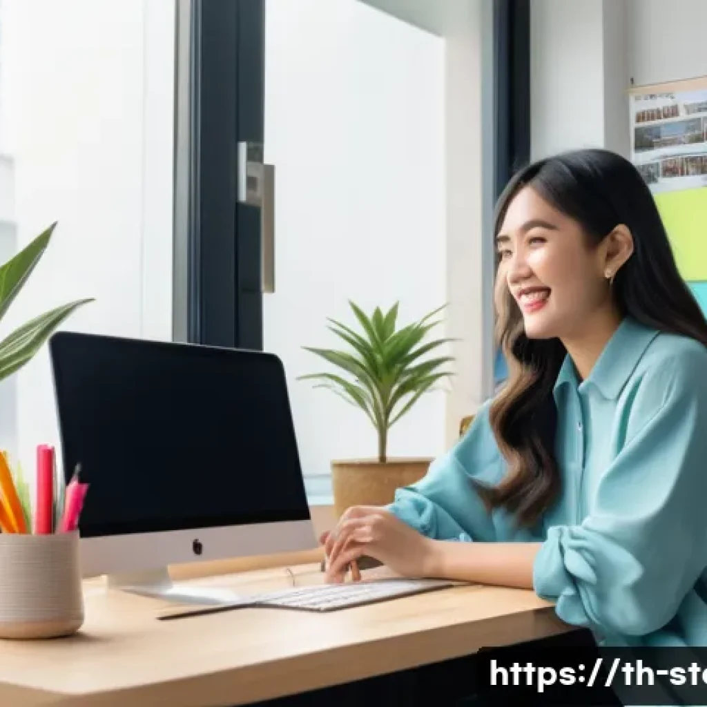 스토리텔러 직업과 관련된 다양한 성장 가능성 분석 - A vibrant digital storyteller workspace featuring a young Asian woman in casual, stylish attire with...