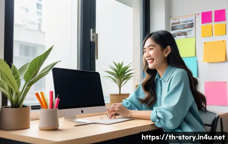스토리텔러 직업과 관련된 다양한 성장 가능성 분석 - A vibrant digital storyteller workspace featuring a young Asian woman in casual, stylish attire with...