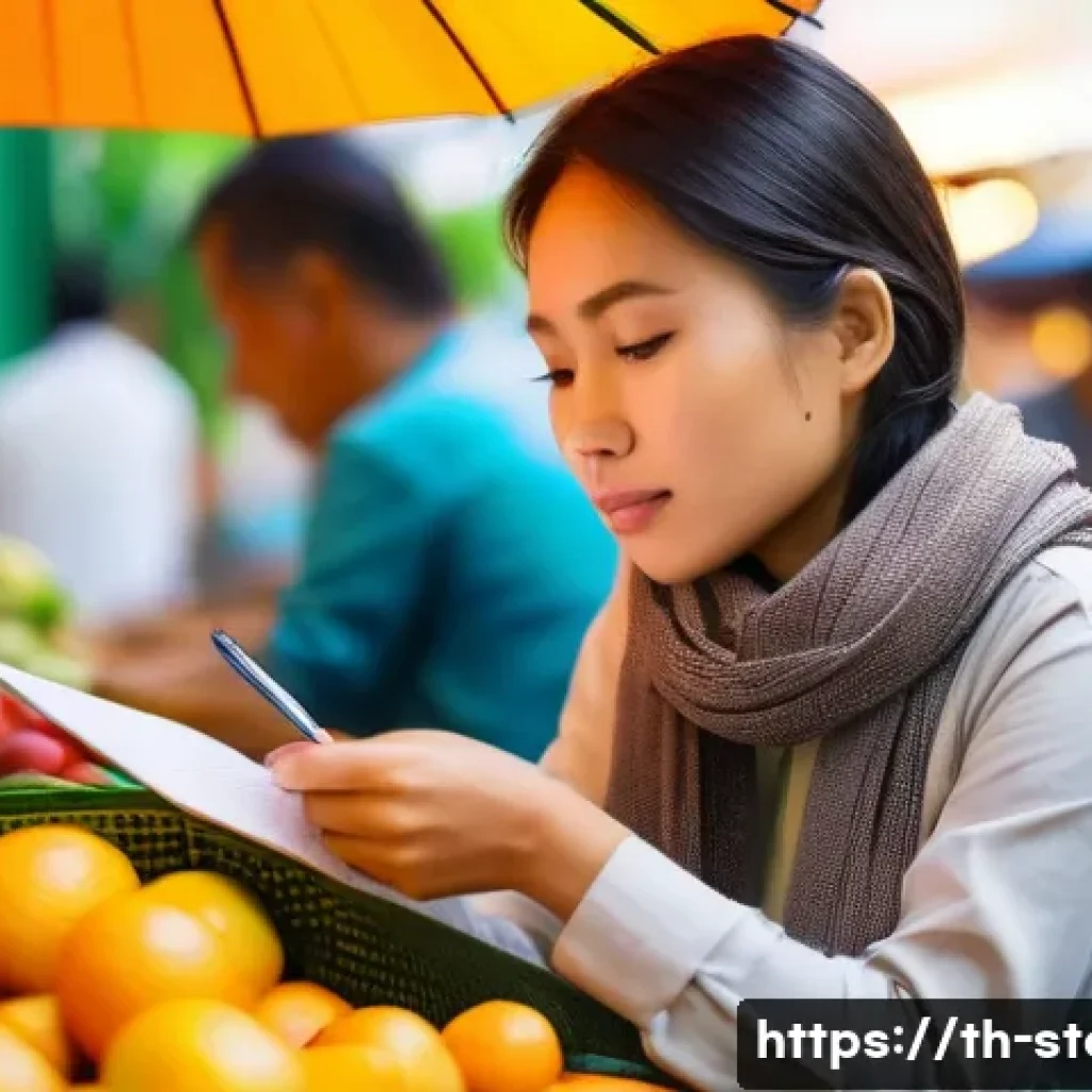 스토리텔러의 창의력 훈련법 - A young Thai woman sitting peacefully at a bustling local morning market in Bangkok, wearing casual ...