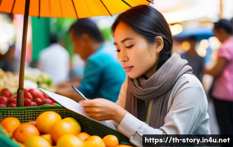 스토리텔러의 창의력 훈련법 - A young Thai woman sitting peacefully at a bustling local morning market in Bangkok, wearing casual ...