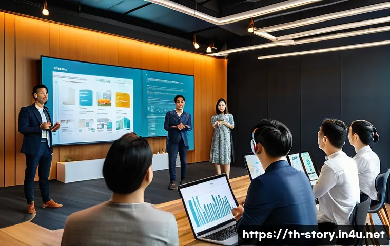스토리텔러 실무에서의 창의적 문제 해결 사례와 전략 분석 - A modern digital storytelling workshop scene in Bangkok, Thailand, featuring a diverse group of youn...
