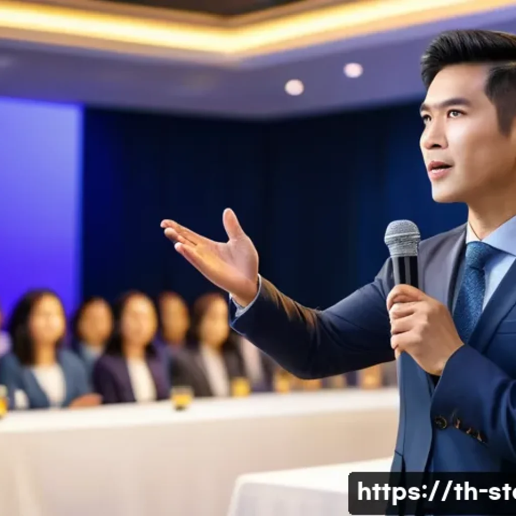 스토리텔러로서 대중 강연을 잘하는 법 - A confident Thai public speaker in business casual attire, standing on a brightly lit stage in front...