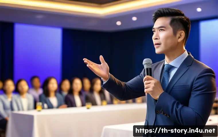 스토리텔러로서 대중 강연을 잘하는 법 - A confident Thai public speaker in business casual attire, standing on a brightly lit stage in front...