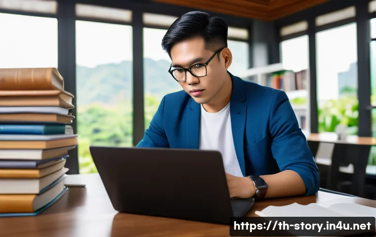 스토리텔러가 알아야 할 윤리적 이야기 구조 - A professional Thai storyteller in a modern office setting, carefully researching facts on a laptop ...