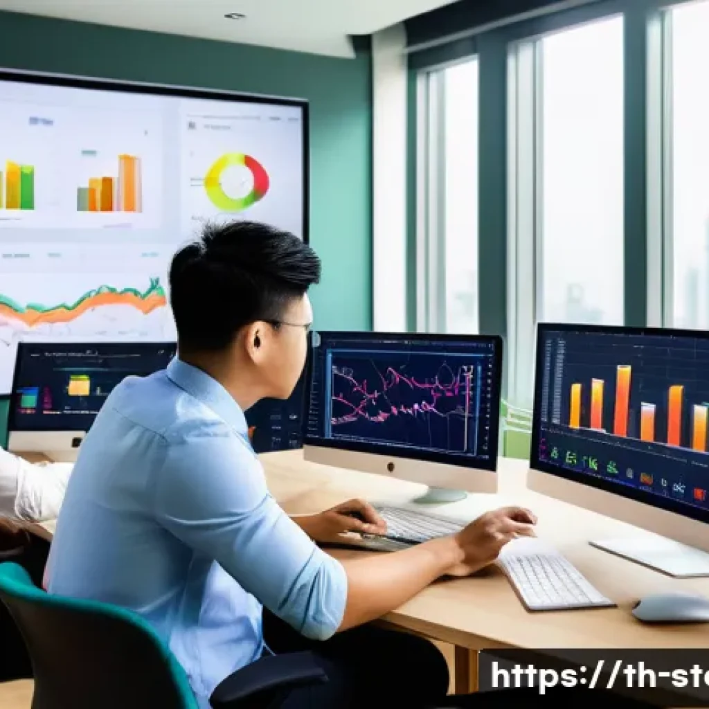 스토리텔러가 직무에서 사용하는 데이터 툴 - A modern digital marketing team in a bright Bangkok office, analyzing audience behavior data on mult...